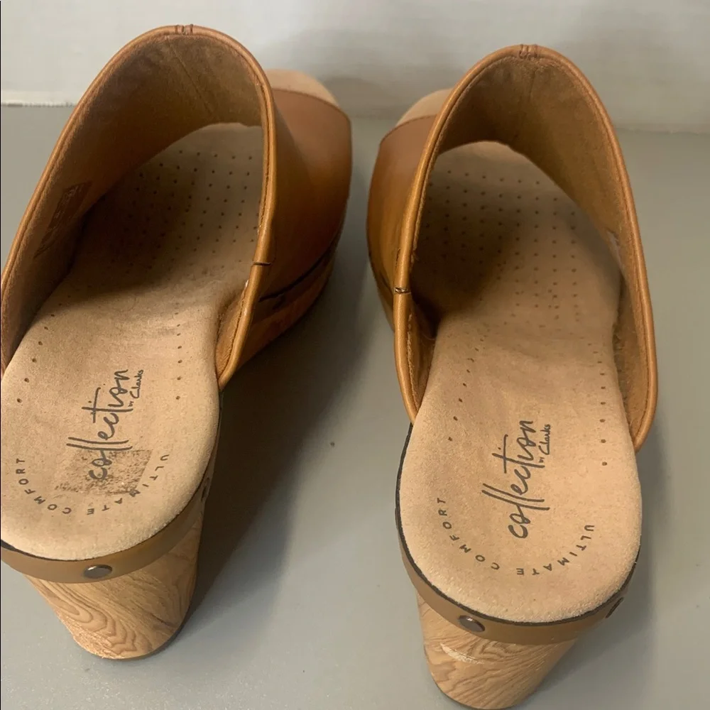 Clarks Brown Leather copper accents Wedge 3” Mules Size 9 - Picture 10 of 13